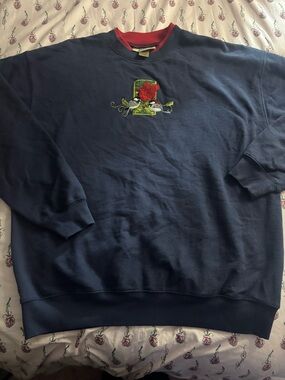 women’s vintage Navy Crewneck Sweater with Red Rose Embroidery